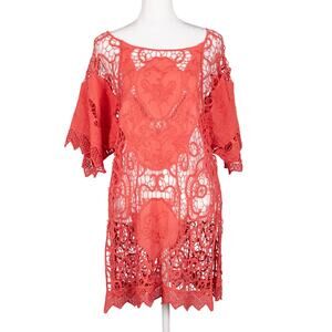 XCVI Coral Crochet Tunic Top Beach Cover-Up Size 2 Boho Festival Coastal Fairy